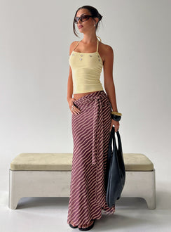 back view of model wearing Princess Polly Caviar Tie Maxi Skirt Brown Stripe Maxi Skirts 