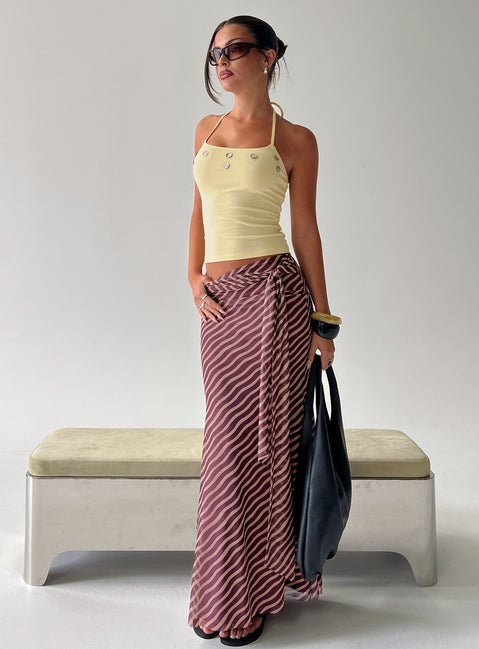 back view of model wearing Princess Polly Caviar Tie Maxi Skirt Brown Stripe Maxi Skirts 