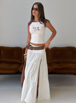 Showcasing the Silver Soul Maxi Skirt White in womens-skirts with maxi length side view of model wearing Princess Polly
