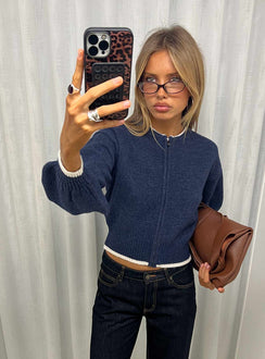 front view of model wearing Princess Polly Amandi Zip Through Knit Jumper Navy / Cream Cropped Jumpers 