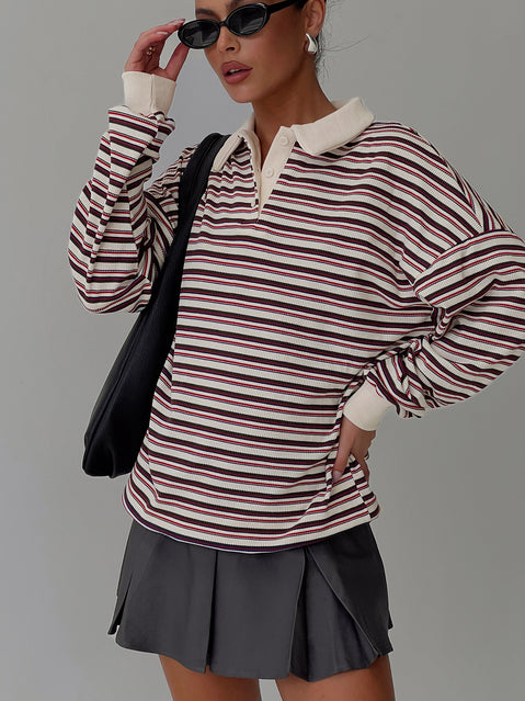 front view of model wearing Princess Polly Rierie Rugby Jersey Porcelain Multi Longline Jumpers 