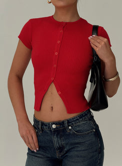 front view of model wearing Princess Polly Suzu Top Red Short Sleeves High Neck 