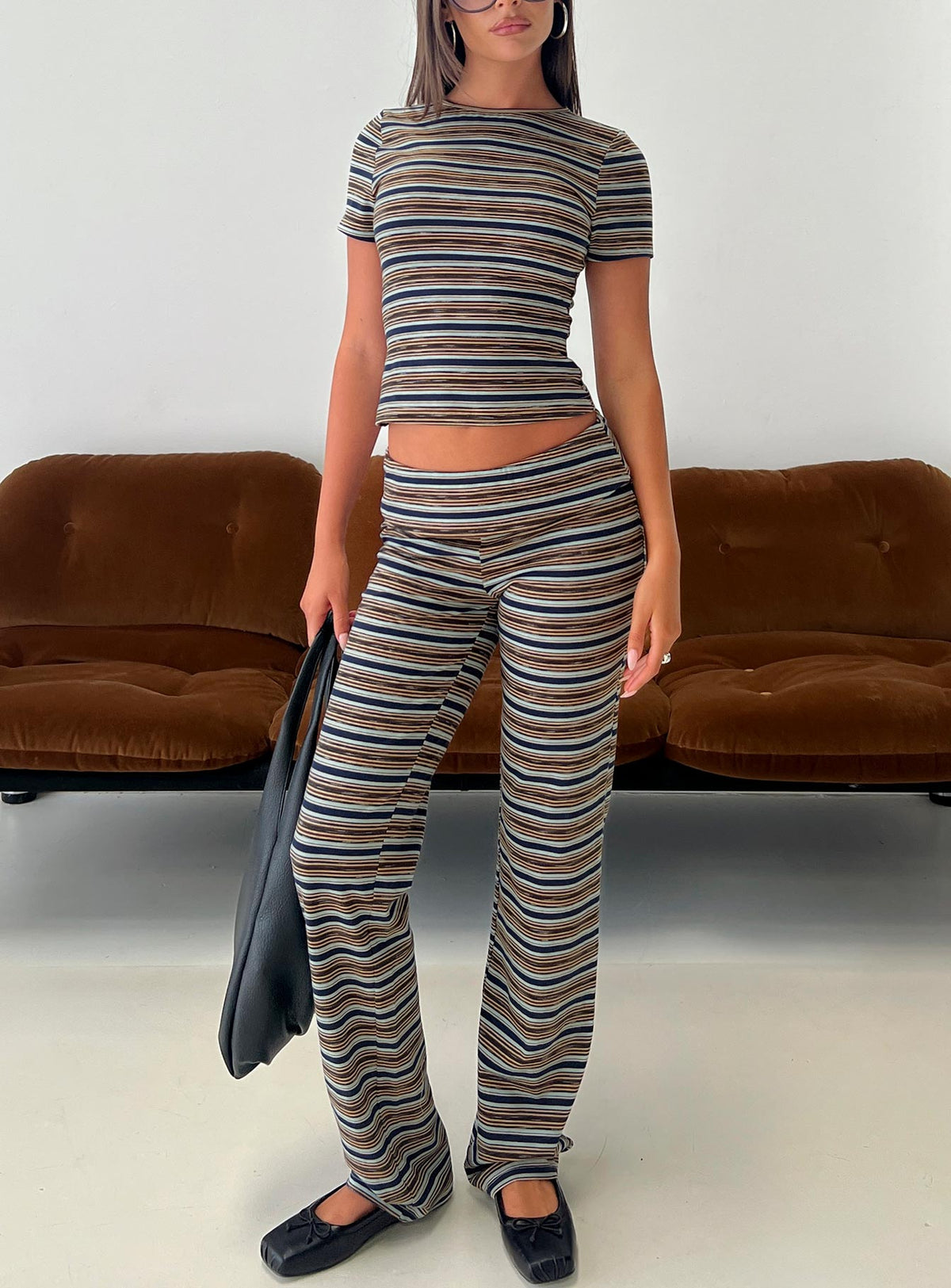 front view of model wearing Princess Polly Manolo Foldover Pants Brown / Grey Stripe Mid Rise Pants 