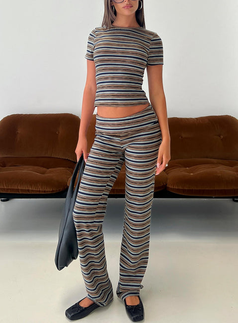 front view of model wearing Princess Polly Manolo Foldover Pants Brown / Grey Stripe Mid Rise Pants 