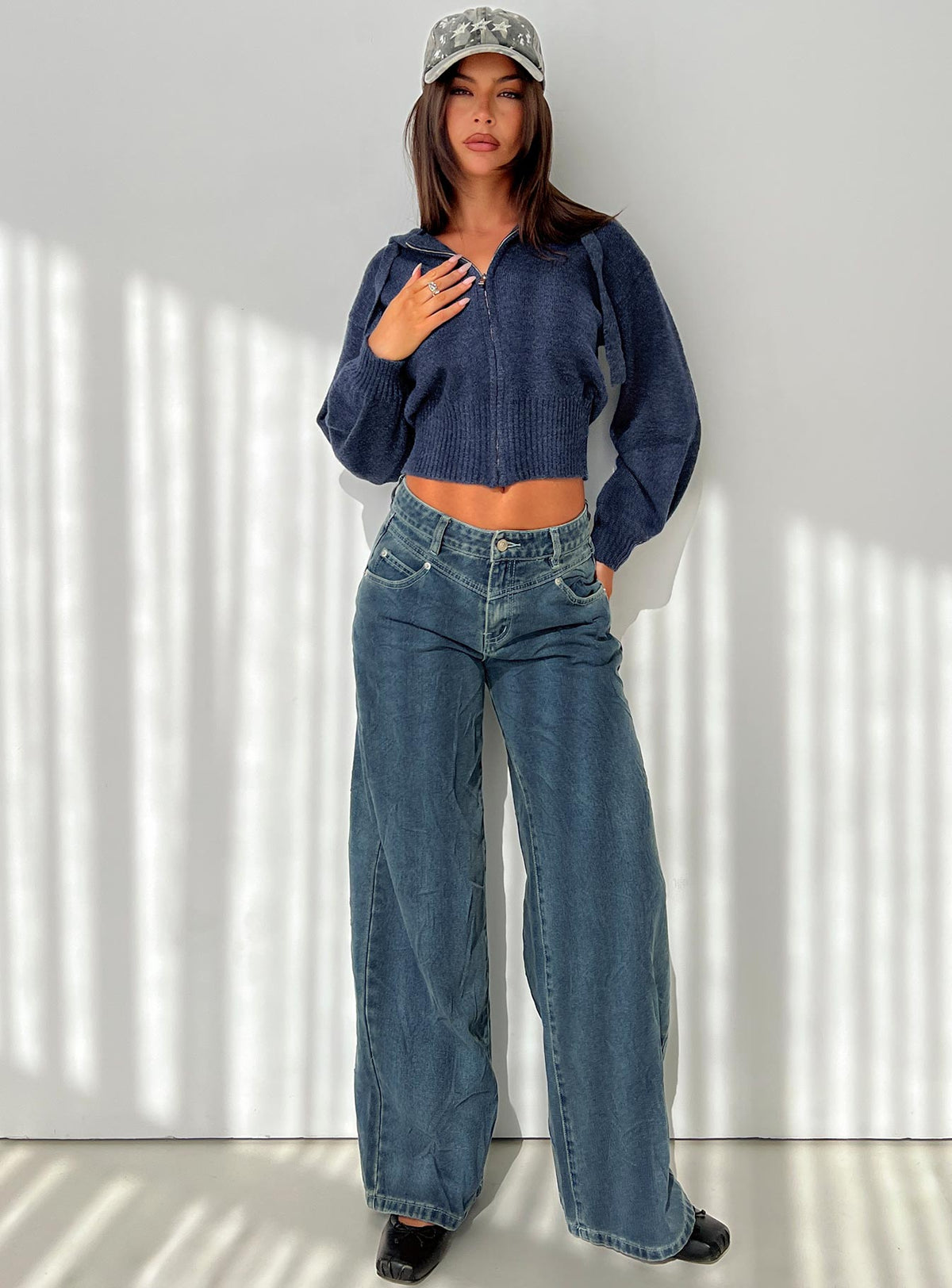 front view of model wearing Princess Polly Shanna Relaxed Low Rise Jeans Acid Raw Wash Mid Rise Jeans 