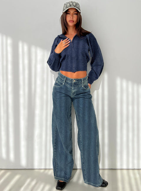 front view of model wearing Princess Polly Shanna Relaxed Low Rise Jeans Acid Raw Wash Mid Rise Jeans 