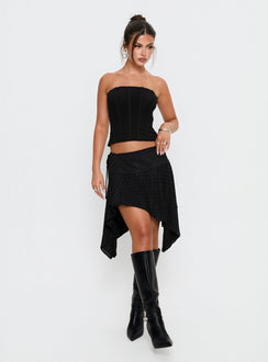   front view of model wearing Princess Polly Hevenna Asymmetrical Plisse Mini Skirt Black Diamante Mini Skirts 