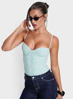front view of model wearing Princess Polly Alorah Textured Bodysuit Blue Sleeveless 