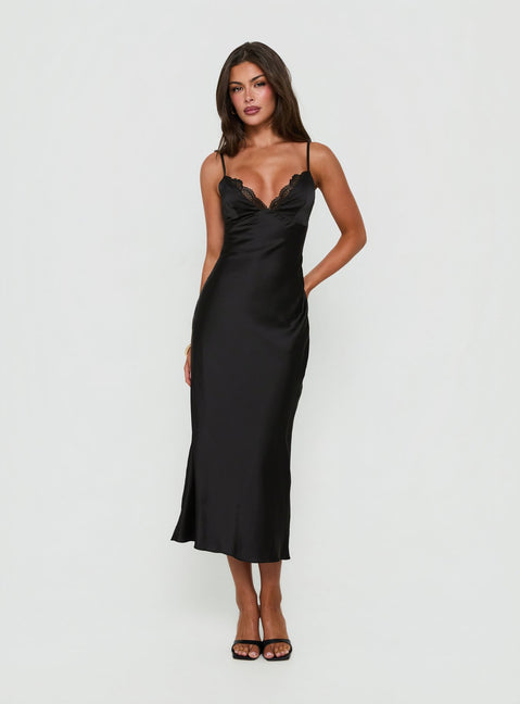 Declanna Satin Lace Trim Slip Midi Dress Black