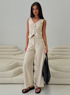 side view of model wearing Princess Polly Sofi Vest Top Beige Sleeveless V-Neck 