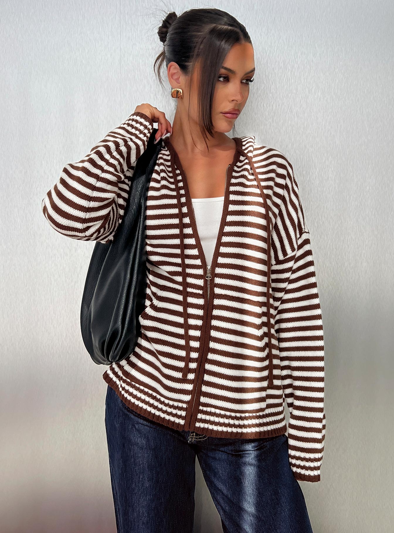 front view of model wearing Princess Polly Brienna Zip Jacket Brown 