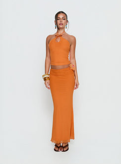 back view of model wearing Princess Polly Star Fruit Ruched Waist Maxi Skirt Orange Maxi Skirts 
