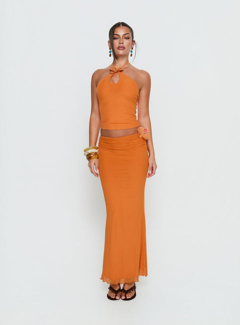 back view of model wearing Princess Polly Star Fruit Ruched Waist Maxi Skirt Orange Maxi Skirts 