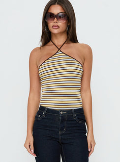 Showcasing the Aethoria Arrowneck Bodysuit Multi Stripe womens bodysuit with sleeveless design front view of model wearing Princess Polly