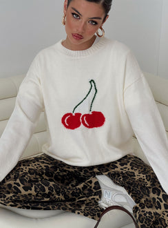 Featuring the Cherry Dreams Knit Jumper Cream womens jumpers with long top length detail view of model wearing Princess Polly
