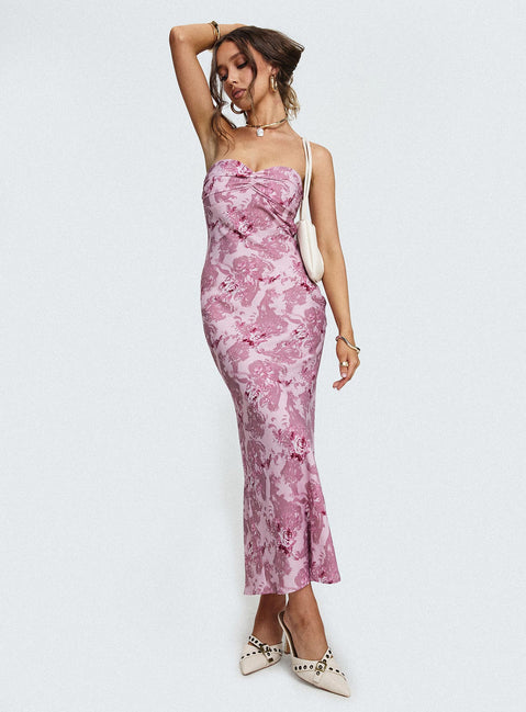 side view of model wearing Princess Polly Abeila Strapless Maxi Dress Pink Sweetheart Neckline 
