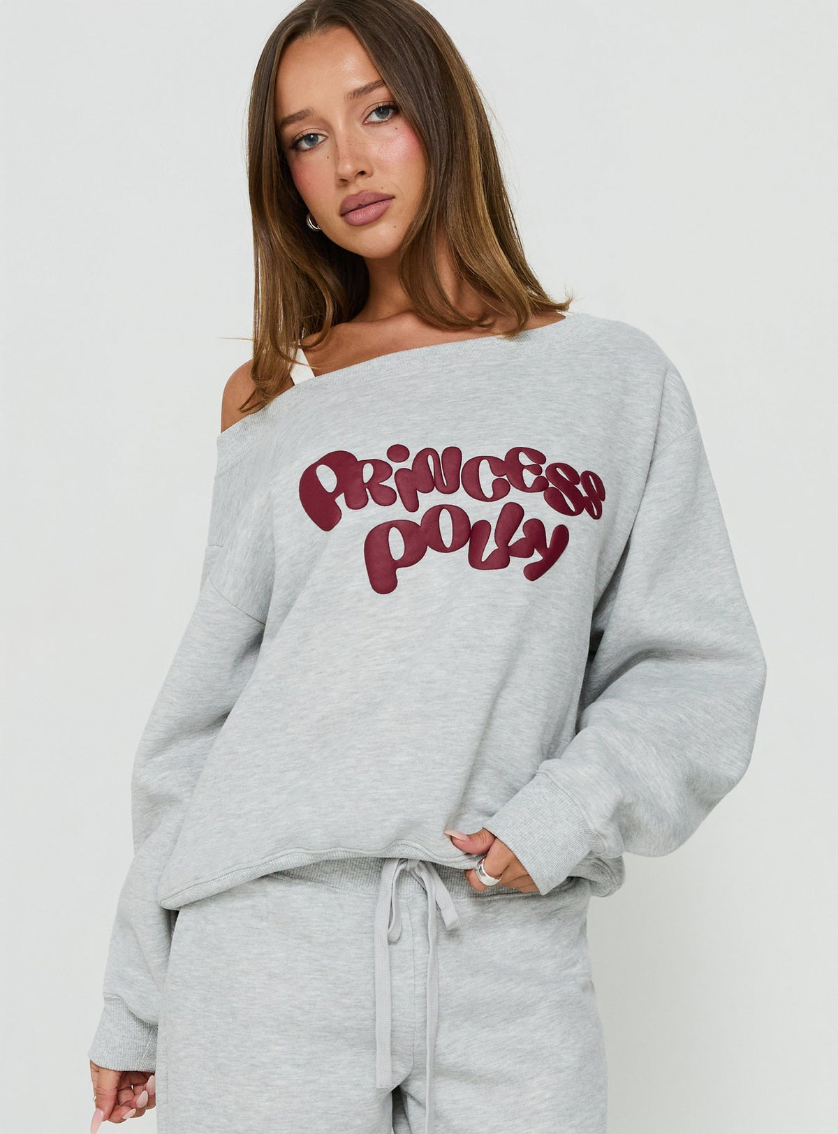 Aaleah Off Shoulder Fleece Jumper Grey