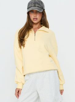front view of model wearing Princess Polly Rozanna 1/4 Zip Jumper Butter Cropped Jumpers 