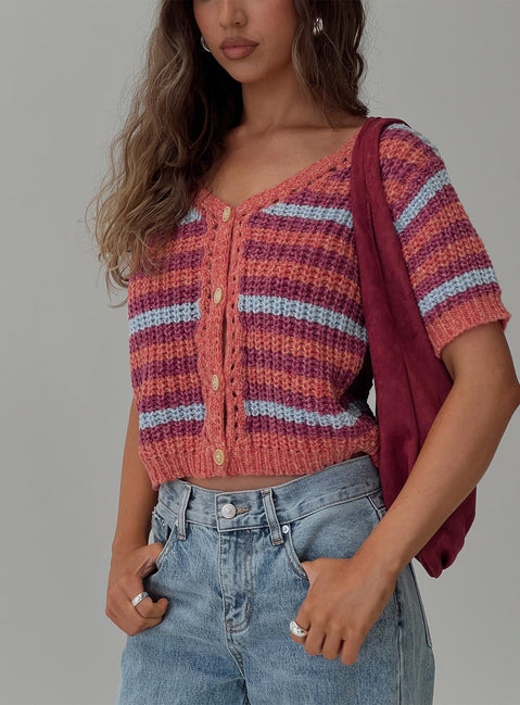 front view of model wearing Princess Polly Compassion Knit Cardigan Multi Cropped Jumpers 