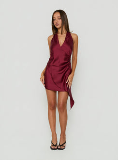 Landree Wrap Halter Satin Mini Dress Burgundy