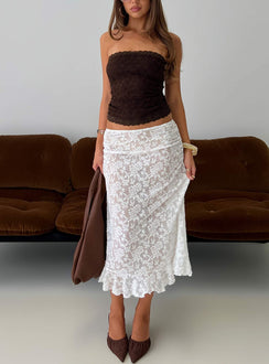   front view of model wearing Princess Polly Toscani Lace Frill Midi Skirt White Midi Skirts 