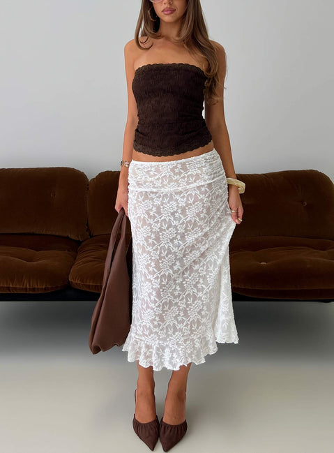   front view of model wearing Princess Polly Toscani Lace Frill Midi Skirt White Midi Skirts 