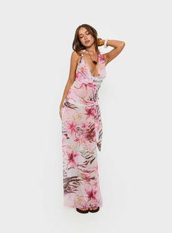   front view of model wearing Princess Polly Karzi Chiffon Maxi Skirt Pink Floral Maxi Skirts 