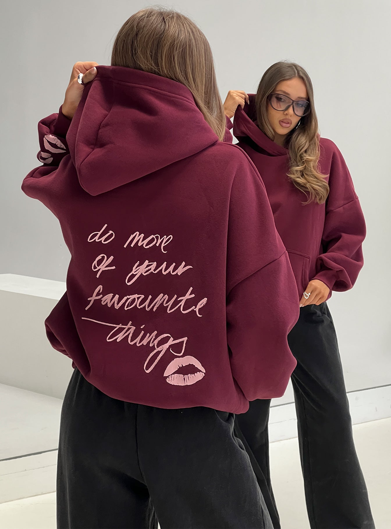 back view of model wearing Princess Polly Kisses Graphic Hoodie Wine Longline Jumpers Jumpers 