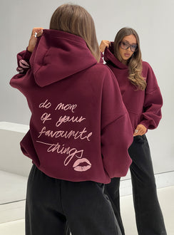 back view of model wearing Princess Polly Kisses Graphic Hoodie Wine Longline Jumpers Jumpers 