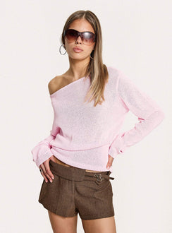 front view of model wearing Princess Polly Xaria Off Shoulder Knit Sweater Pink regular 