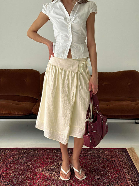   front view of model wearing Princess Polly Sunney Wrap Midi Skirt Yellow Midi Skirts 