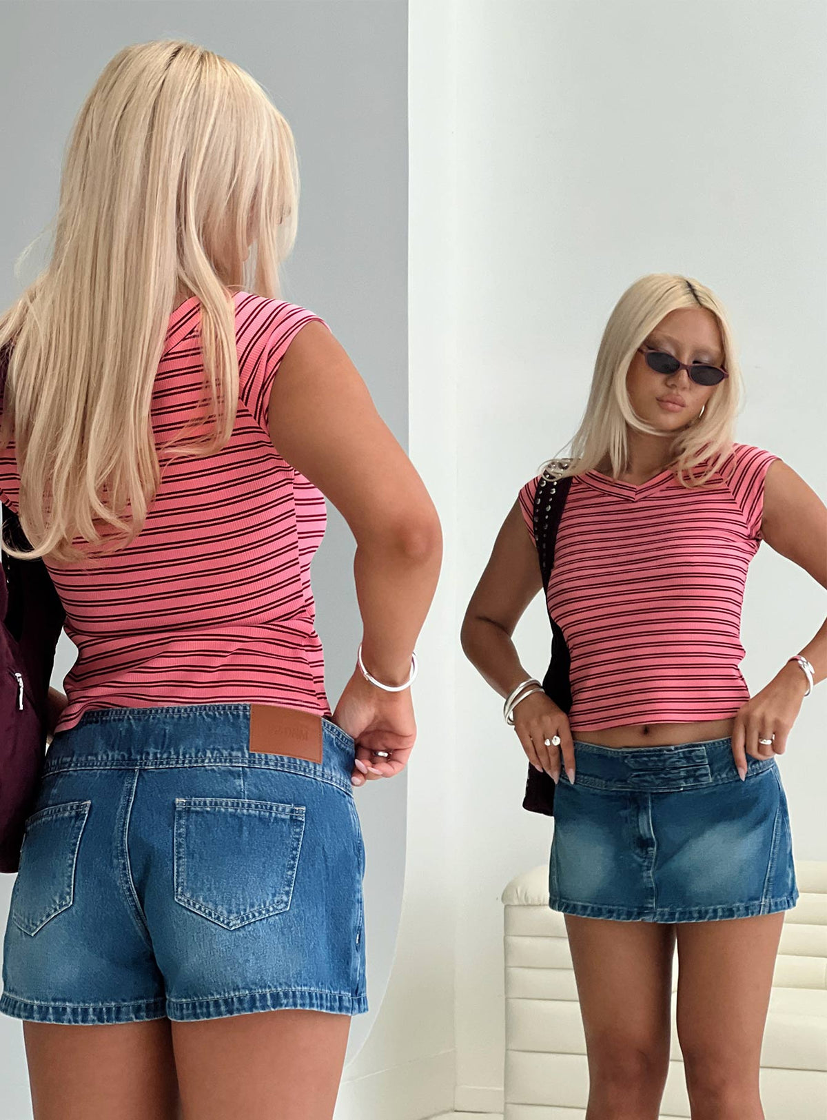 back view of model wearing Princess Polly Both Still Young V Neck Top Red Short Sleeves V-Neck 