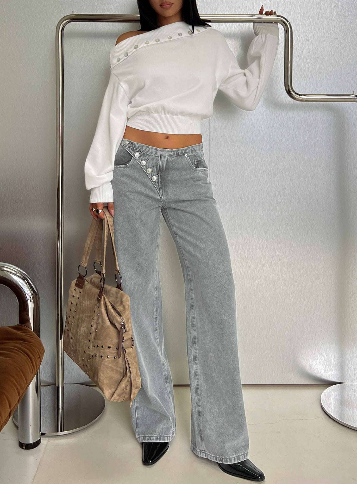 Showcasing the Pipper Asymmetrical Button Up Jeans Grey Wash in womens-jeans with high-rise front view of model wearing Princess Polly