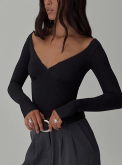 front view of model wearing Princess Polly Loveydove Bodysuit Black Tall Long Sleeve Tops Bodysuit 