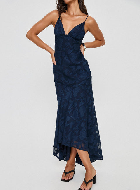 back view of model wearing Princess Polly Cyrene Maxi Dress Navy Plunger 