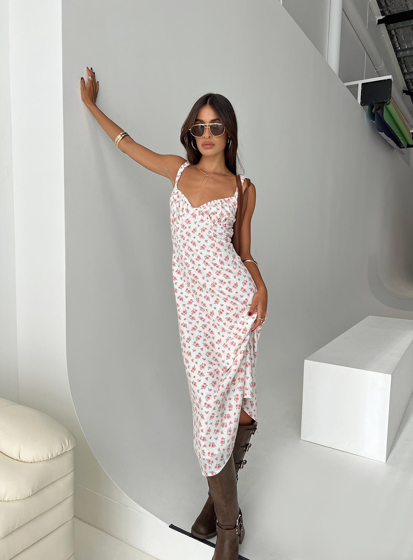 side view of model wearing Princess Polly Georgia Midi Dress White / Pink Floral Plunger 