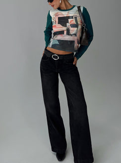 side view of model wearing Princess Polly Anelli Low Rise Straight Leg Jeans Washed Black Low Rise Jeans 