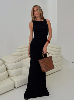 front view of model wearing Princess Polly Ace Of Hearts Backless Maxi Dress Black Petite Crew Neck 