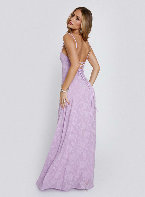 back view of model wearing Princess Polly South Of France Maxi Dress Lilac Square Neck 