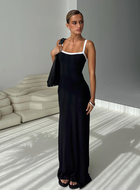 front view of model wearing Princess Polly Austrina Maxi Dress Black Square Neck 