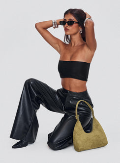 side view of model wearing Princess Polly Tempted Faux Leather Pant Black High Waisted Pants 
