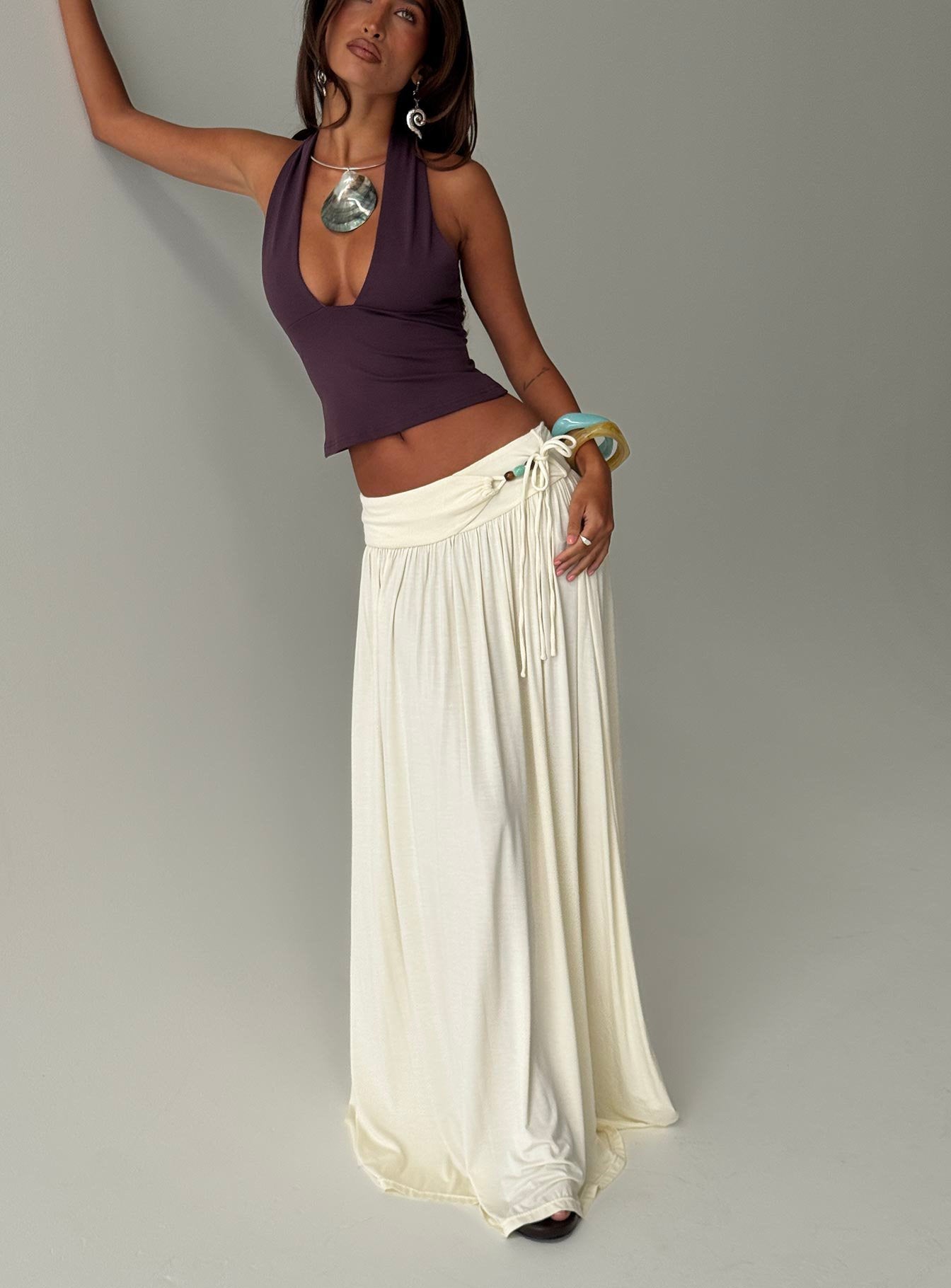   front view of model wearing Princess Polly Velvet Storm Tie Detail Flowy Maxi Skirt Cream Maxi Skirts 