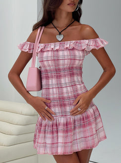 front view of model wearing Princess Polly Ultralove Strapless Mini Dress Pink Multi Straight Neck 