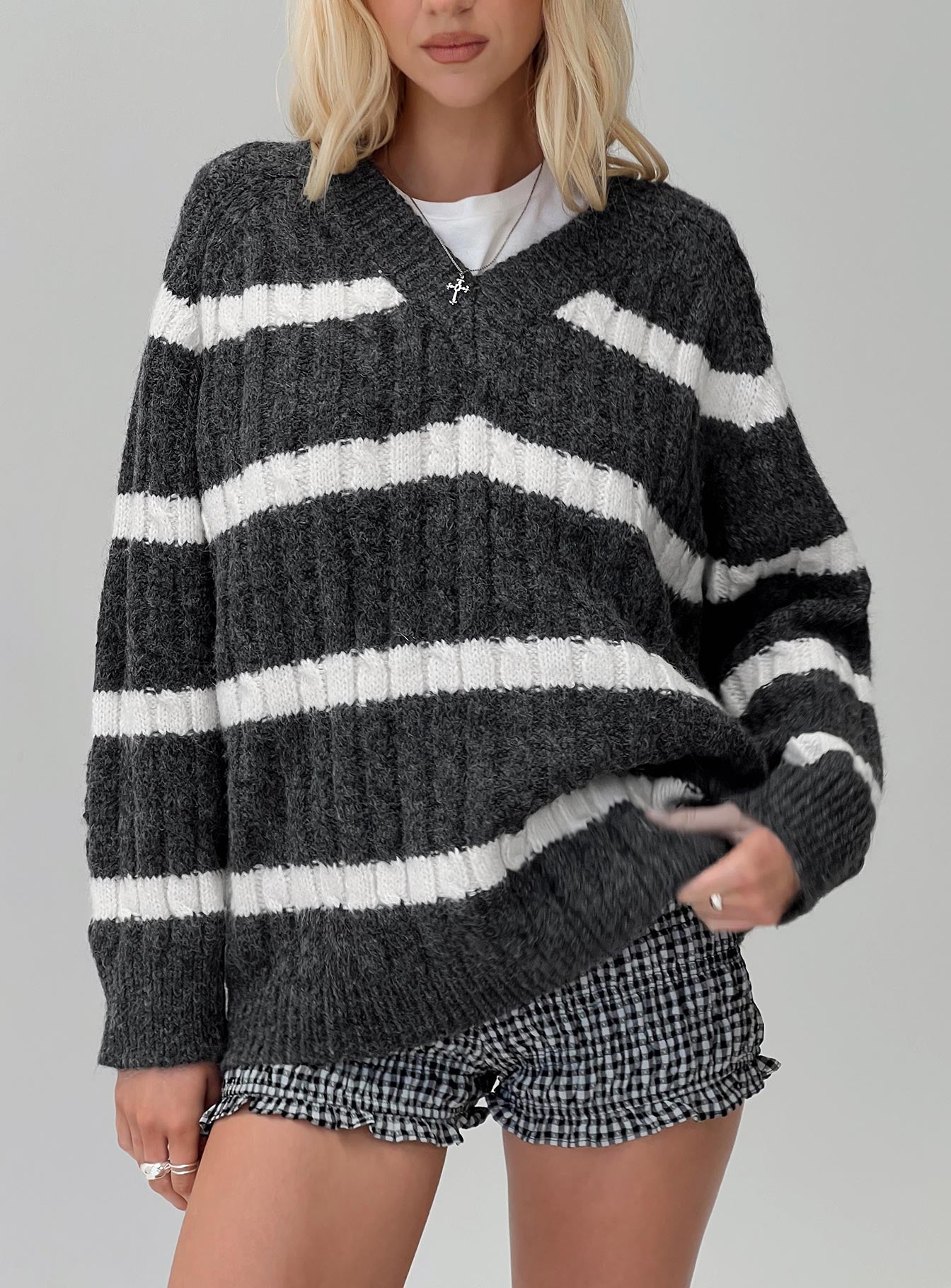 front view of model wearing Princess Polly Percivill Knit Sweater Grey / Cream Long 