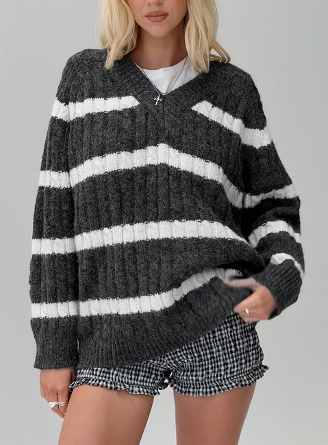front view of model wearing Princess Polly Percivill Knit Sweater Grey / Cream Long 