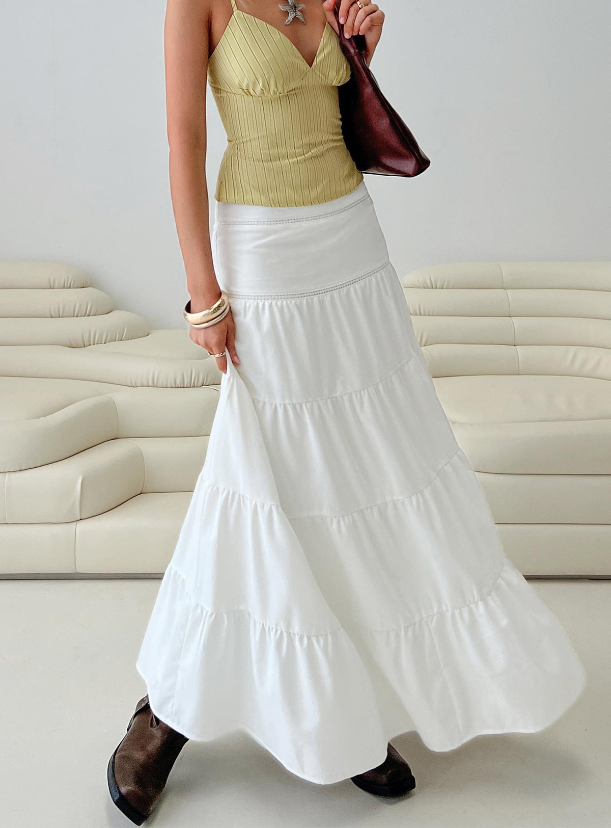   front view of model wearing Princess Polly Snowy River Tiered Maxi Skirt White Maxi Skirts Skirts 