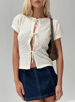 front view of model wearing Princess Polly Mari Knit Top Cream Short Sleeves Crew Neck 