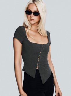 back view of model wearing Princess Polly Memory Bliss Asymmetrical Top Grey Short Sleeves Square Neck 