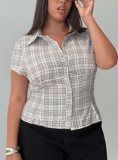 back view of model wearing Princess Polly Cottesloe Blouse Top Brown Check Curve Short Sleeves V-Neck 
