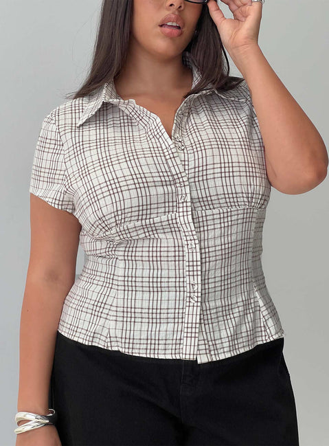 back view of model wearing Princess Polly Cottesloe Blouse Top Brown Check Curve Short Sleeves V-Neck 